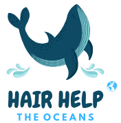 Hair Help – Logo Logo von Hair Help mit einem Wal und der Aufschrift 'HAIR HELP THE OCEANS'.