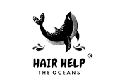 Hair Help – Logo Logo von Hair Help mit einem Wal und der Aufschrift „HAIR HELP THE OCEANS“.